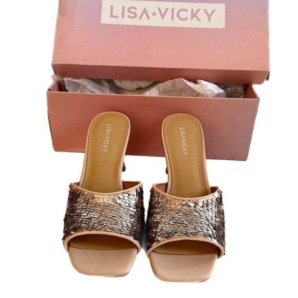 NWT Lisa Vicky Pretty-V Champagne PYT Sequin Mules.  Size 7 - Picture 2 of 5